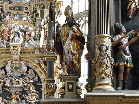 Der Heilige Augustinus - dargestellt am Ulrichsaltar in der Basilika. (Foto: Nicolas Schnall/pba)